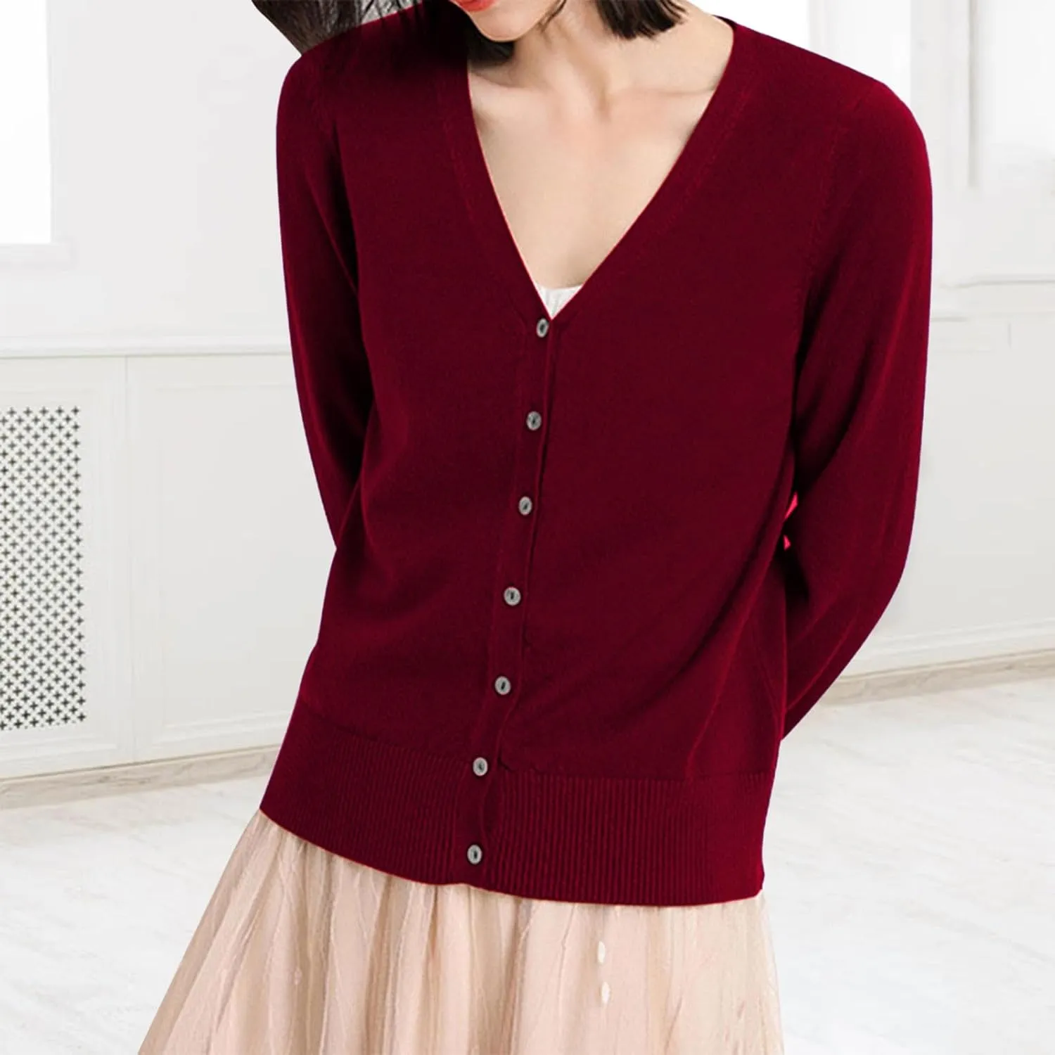 Womens 2024 Fall Fashion Cardigan Sweaters Lightweight V Neck Button Ribbed Knit Jumpers Comfy Open Front Casual Top