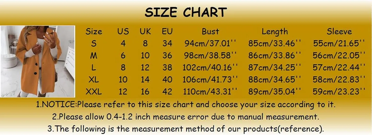 Womens 3/4 Sleeve Notched Lapel Collar Double Breasted Coat Winter Wool Blend Over Coats Long Warm Jackets for Women
