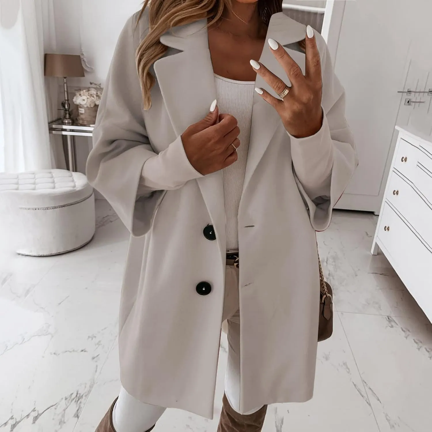 Womens 3/4 Sleeve Notched Lapel Collar Double Breasted Coat Winter Wool Blend Over Coats Long Warm Jackets for Women
