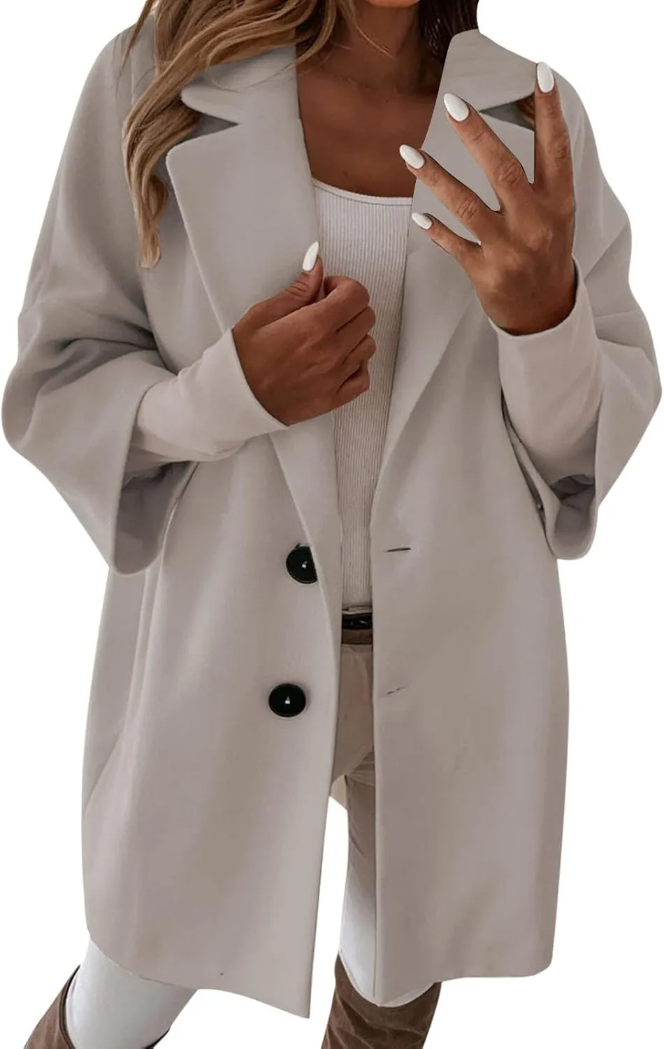 Womens 3/4 Sleeve Notched Lapel Collar Double Breasted Coat Winter Wool Blend Over Coats Long Warm Jackets for Women