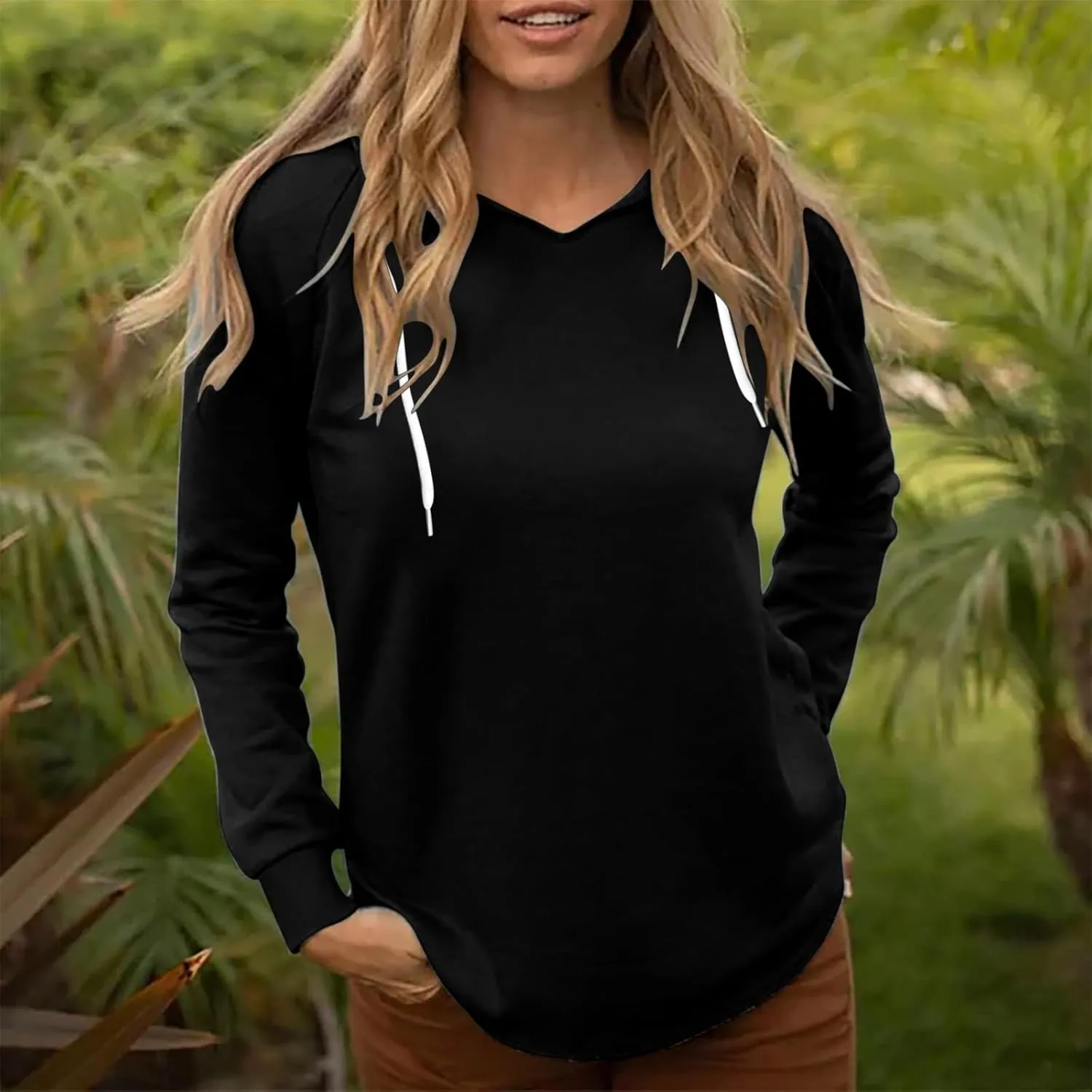Womens Basic Hoodies 2024 Trendy Fleece Long Sleeve Drawstring Hooded Sweatshirt Fall Fashion Pullover Tops
