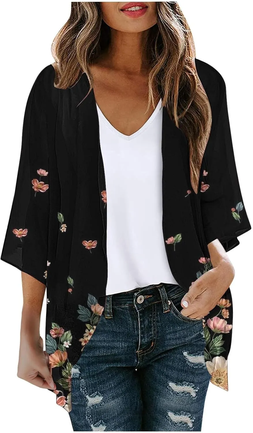Women's Beach Kimono Coverup Women's Floral Print Kimono Cardigan Puff Sleeve Chiffon Cover Up Casual Blouse