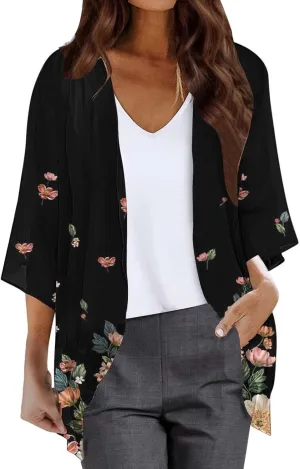 Women's Beach Kimono Coverup Women's Floral Print Kimono Cardigan Puff Sleeve Chiffon Cover Up Casual Blouse
