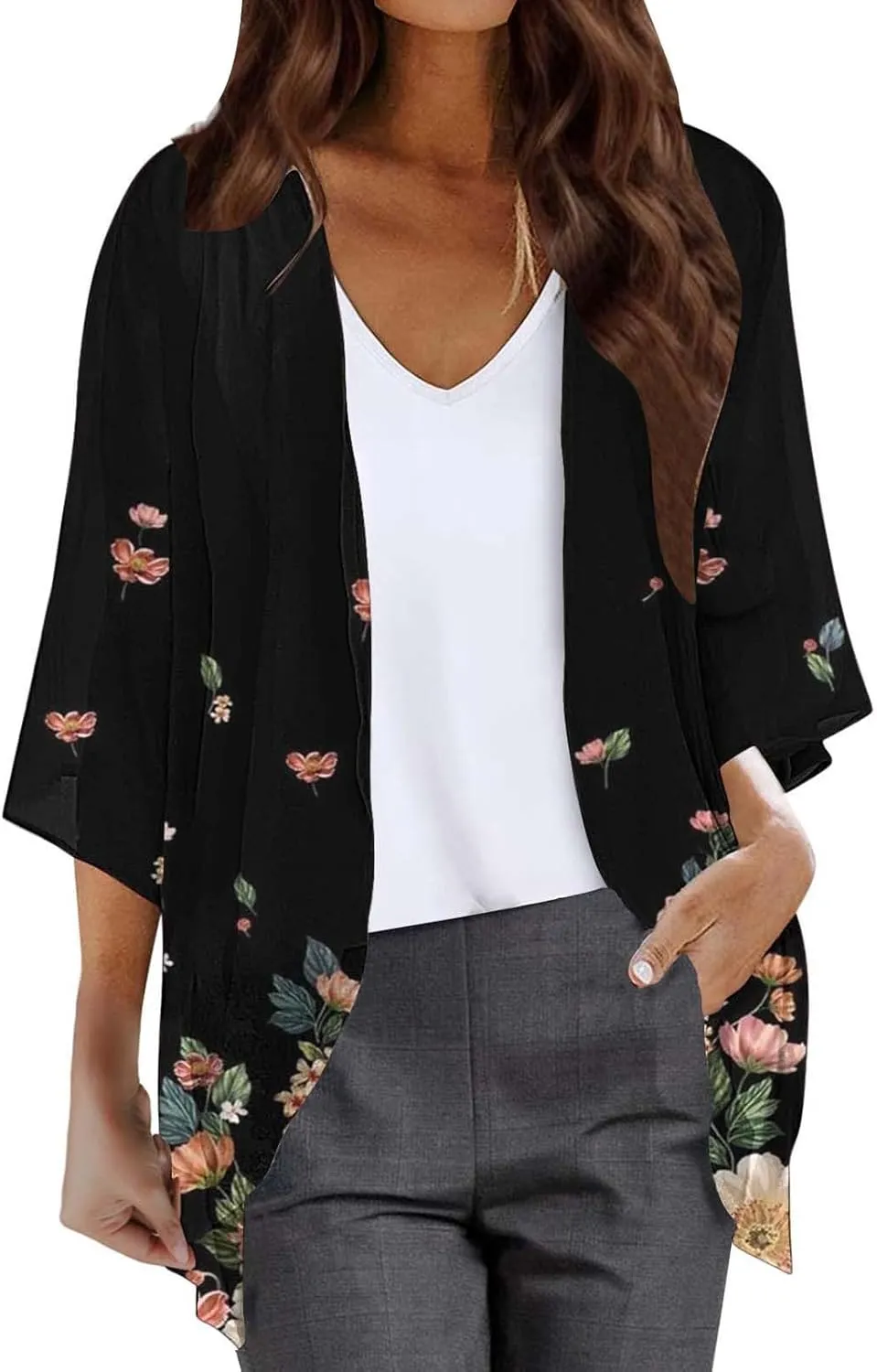 Women's Beach Kimono Coverup Women's Floral Print Kimono Cardigan Puff Sleeve Chiffon Cover Up Casual Blouse