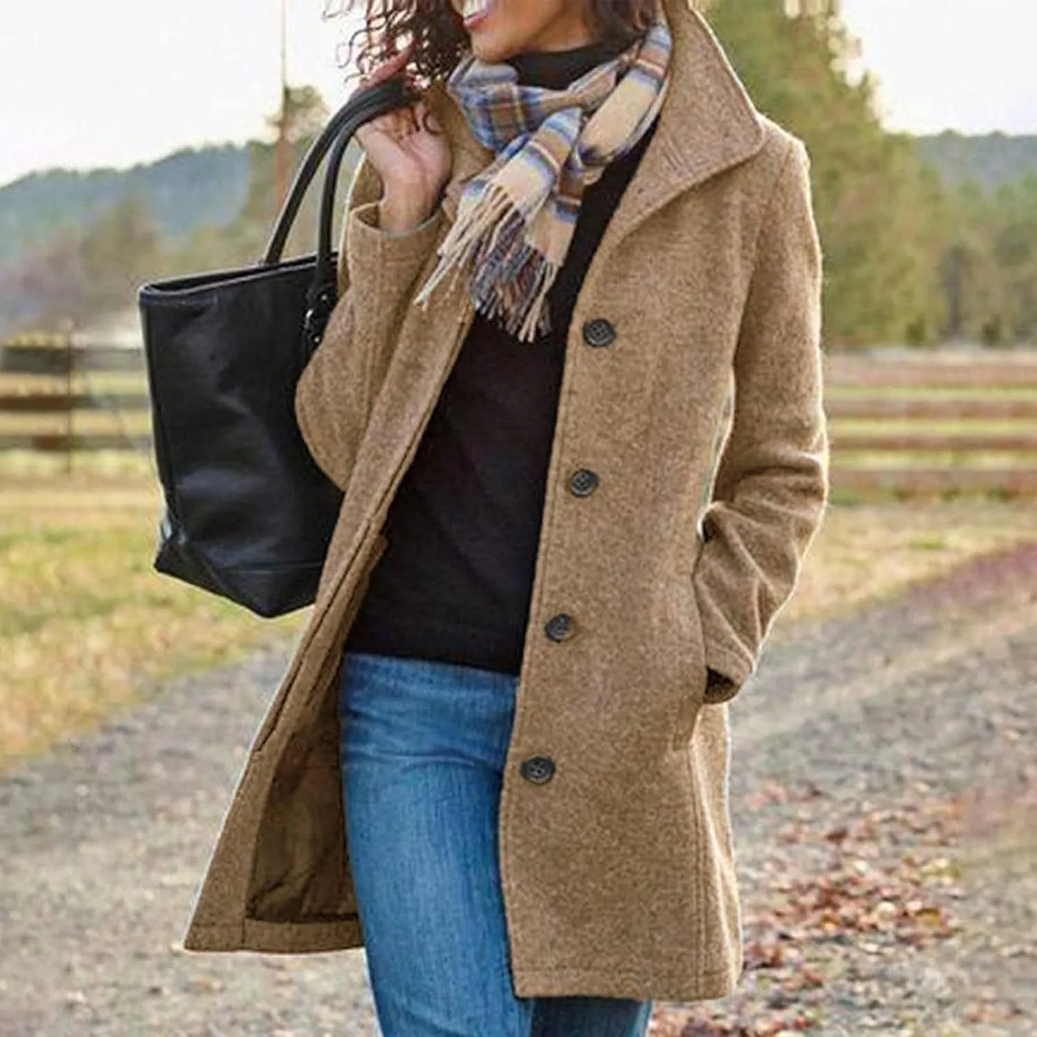 Women's Big Notch Lapel Mid-Long Wool Blend Coat Oversized Long Sleeve Shacket Jacket Button Down Wool Blend Coats