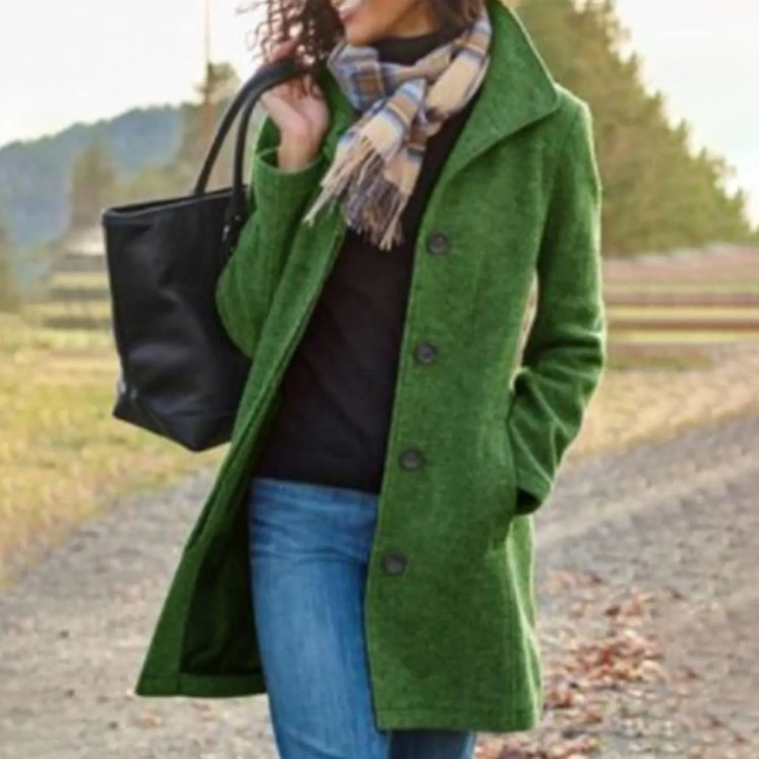 Women's Big Notch Lapel Mid-Long Wool Blend Coat Oversized Long Sleeve Shacket Jacket Button Down Wool Blend Coats