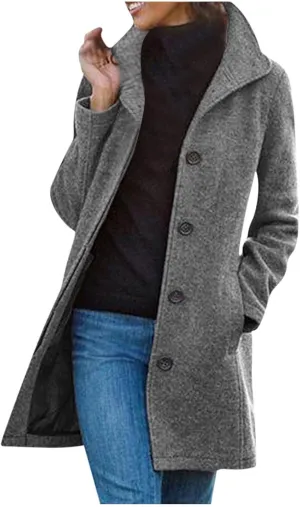 Women's Big Notch Lapel Mid-Long Wool Blend Coat Oversized Long Sleeve Shacket Jacket Button Down Wool Blend Coats