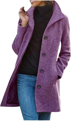 Women's Big Notch Lapel Mid-Long Wool Blend Coat Oversized Long Sleeve Shacket Jacket Button Down Wool Blend Coats