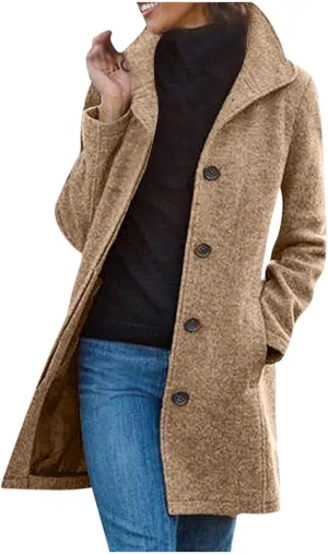 Women's Big Notch Lapel Mid-Long Wool Blend Coat Oversized Long Sleeve Shacket Jacket Button Down Wool Blend Coats