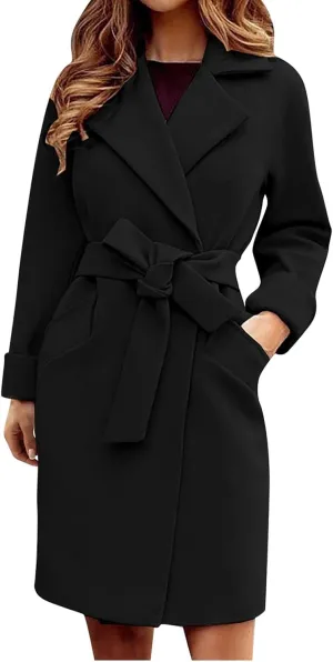 Women's Big Notch Lapel Mid-Long Wool Blend Coat Oversized Long Sleeve Shacket Jacket Button Down Wool Blend Coats