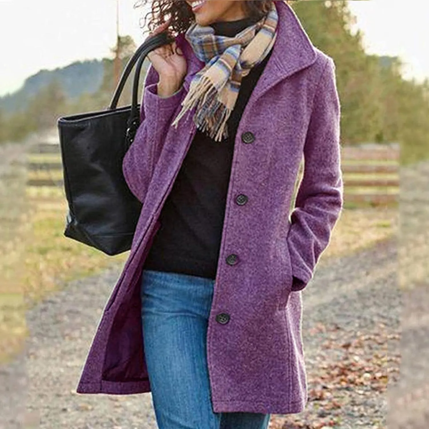 Women's Big Notch Lapel Mid-Long Wool Blend Coat Oversized Long Sleeve Shacket Jacket Button Down Wool Blend Coats