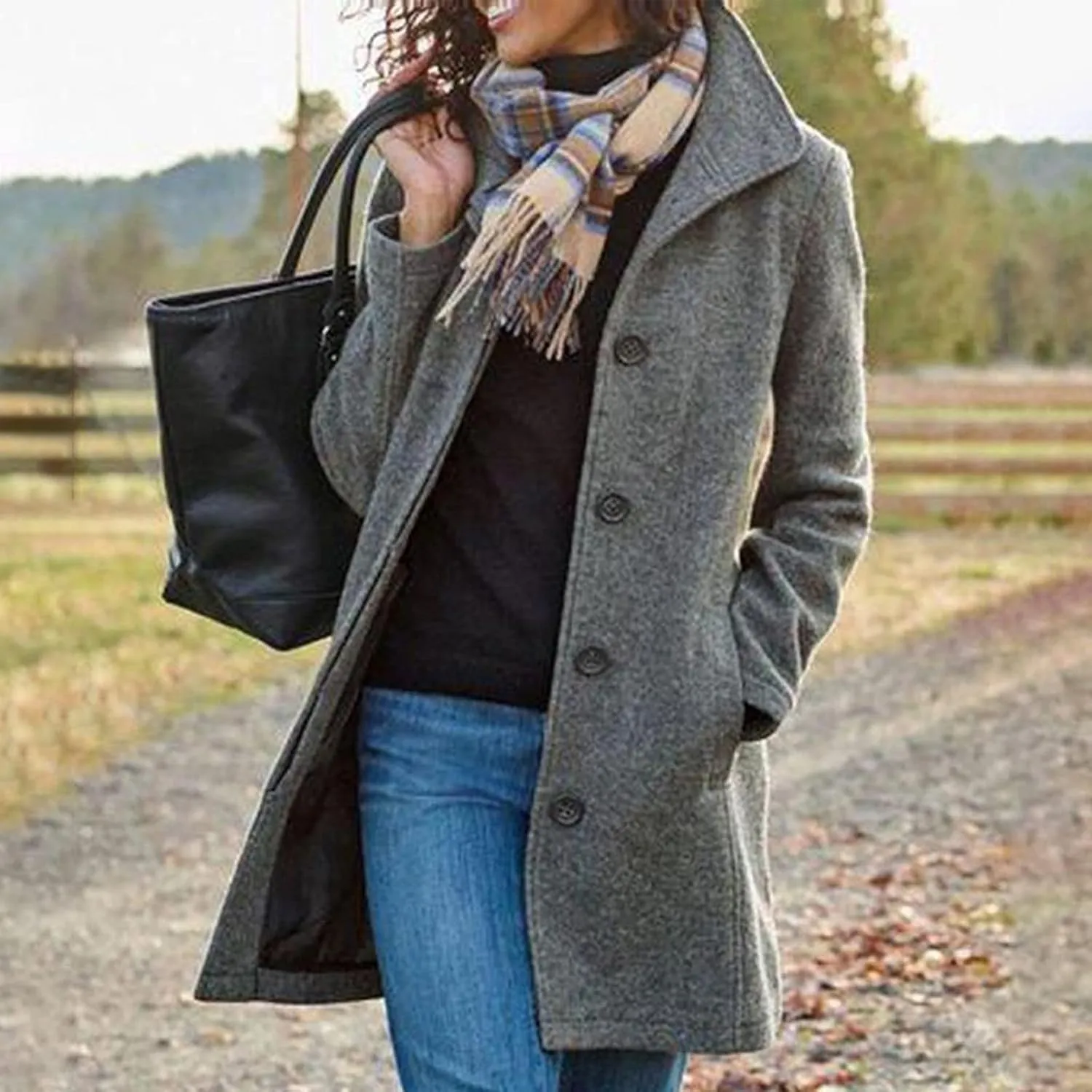 Women's Big Notch Lapel Mid-Long Wool Blend Coat Oversized Long Sleeve Shacket Jacket Button Down Wool Blend Coats