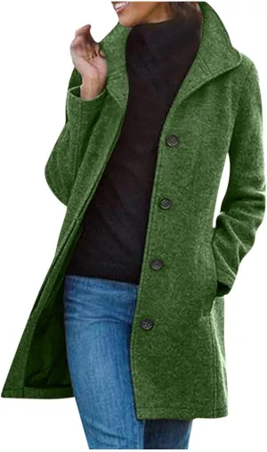 Women's Big Notch Lapel Mid-Long Wool Blend Coat Oversized Long Sleeve Shacket Jacket Button Down Wool Blend Coats