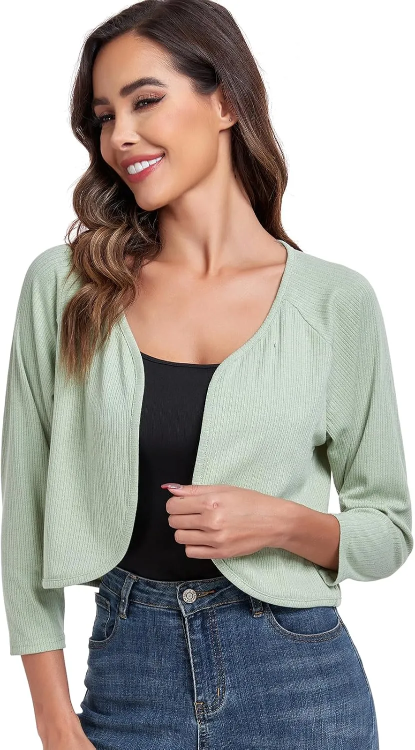 Women's Bolero Shrug Crop Cardigan Open Front Knit Sweater 3/4 Sleeve Tops