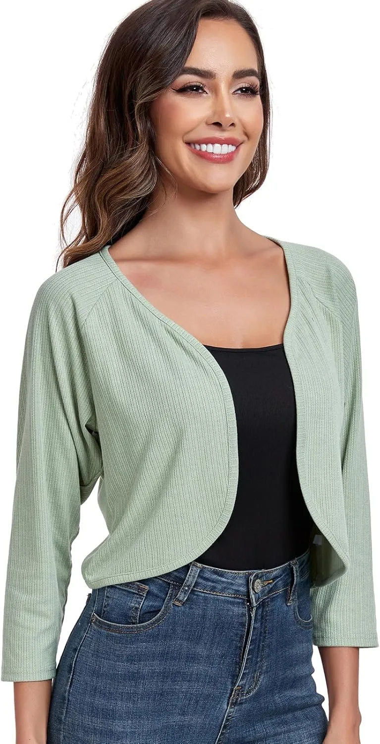 Women's Bolero Shrug Crop Cardigan Open Front Knit Sweater 3/4 Sleeve Tops