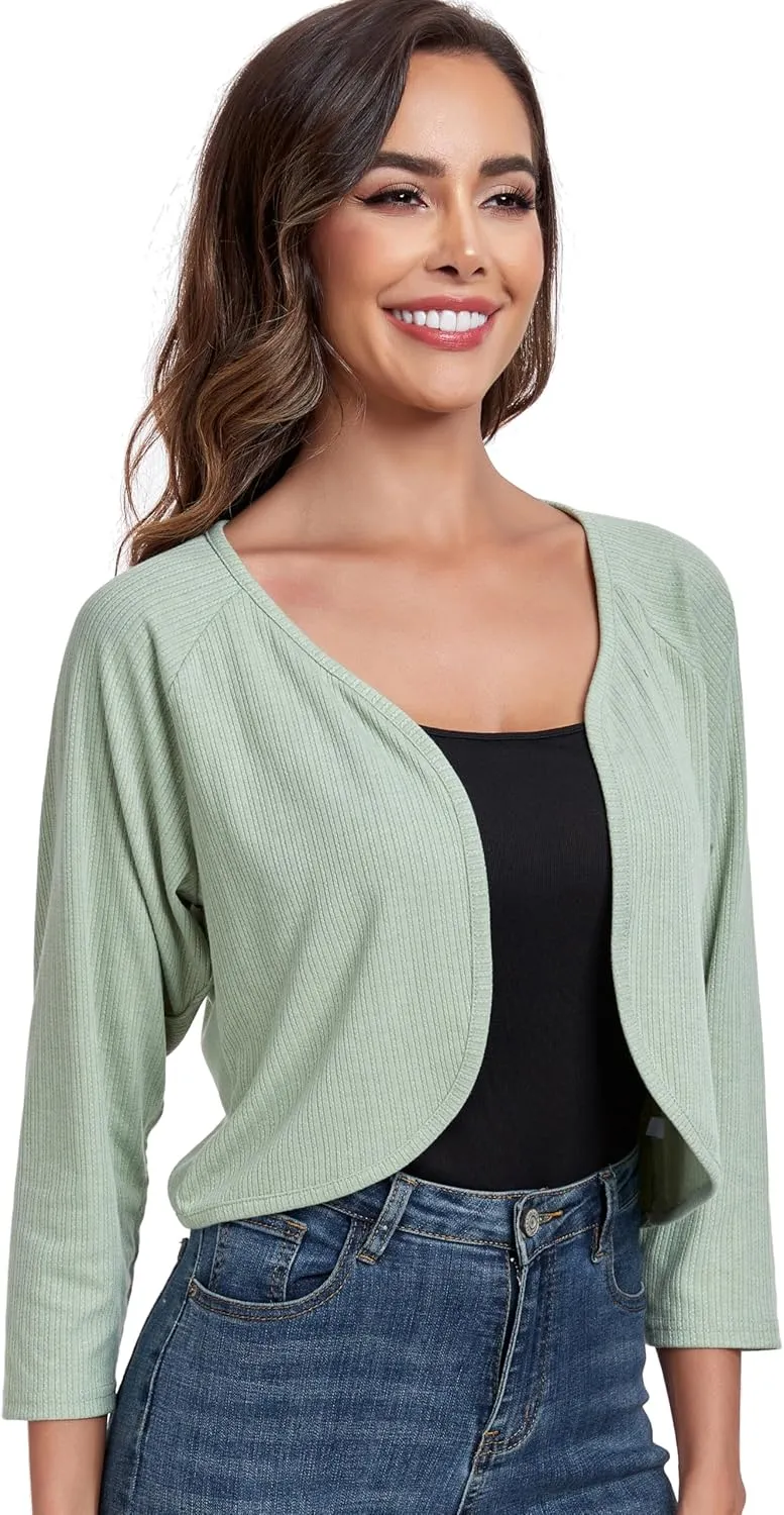 Women's Bolero Shrug Crop Cardigan Open Front Knit Sweater 3/4 Sleeve Tops
