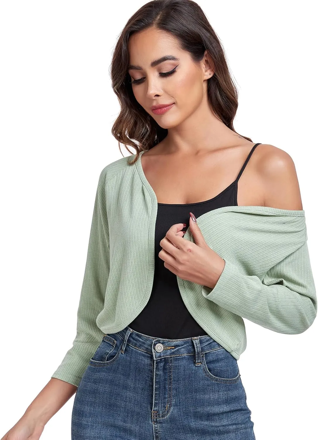 Women's Bolero Shrug Crop Cardigan Open Front Knit Sweater 3/4 Sleeve Tops