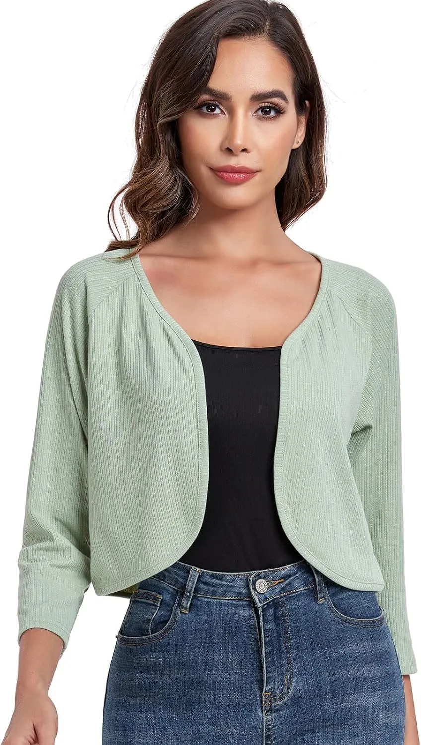 Women's Bolero Shrug Crop Cardigan Open Front Knit Sweater 3/4 Sleeve Tops
