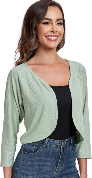 Women's Bolero Shrug Crop Cardigan Open Front Knit Sweater 3/4 Sleeve Tops
