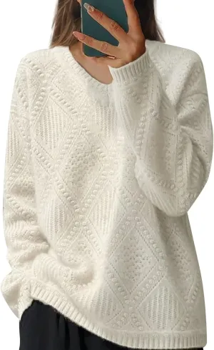 Women's Cable Knit Long Sleeve V Neck Turtleneck Sweaters Vintage Chunky Argyle Sweater Pullover Top for Fall Winter