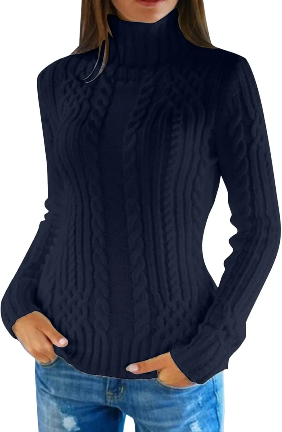 Women's Cable Knit Turtleneck Sweater Long Sleeve Slim Pullover Tunic Top Chunky Knitted Jumper Fall Sweaters