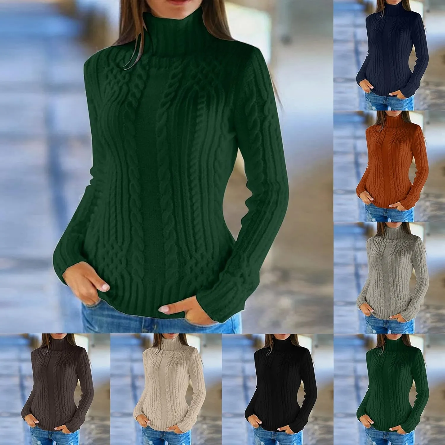 Women's Cable Knit Turtleneck Sweater Long Sleeve Slim Pullover Tunic Top Chunky Knitted Jumper Fall Sweaters