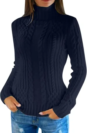 Women's Cable Knit Turtleneck Sweater Long Sleeve Slim Pullover Tunic Top Chunky Knitted Jumper Fall Sweaters