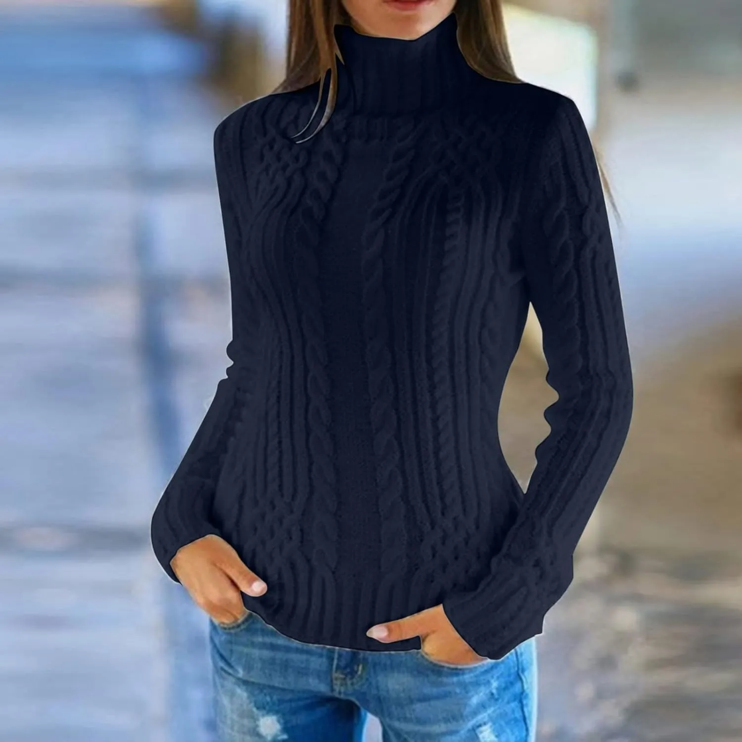 Women's Cable Knit Turtleneck Sweater Long Sleeve Slim Pullover Tunic Top Chunky Knitted Jumper Fall Sweaters