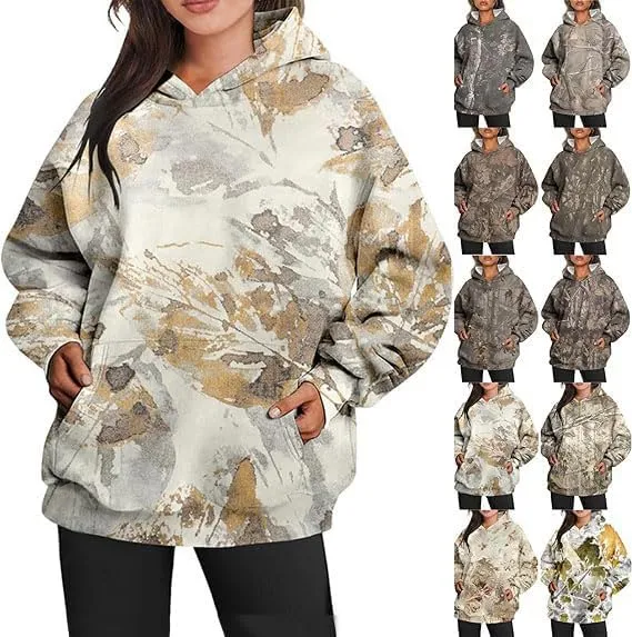 Womens Camo Hoodie Maple Leaf Print Fleece Pullover, Fashion Tie Dye Casual Fall Tops Hooded Sweatshirts, Oversized Outerwear