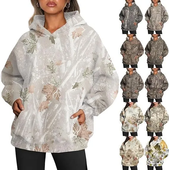 Womens Camo Hoodie Maple Leaf Print Fleece Pullover, Fashion Tie Dye Casual Fall Tops Hooded Sweatshirts, Oversized Outerwear