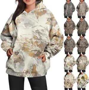 Womens Camo Hoodie Maple Leaf Print Fleece Pullover, Fashion Tie Dye Casual Fall Tops Hooded Sweatshirts, Oversized Outerwear