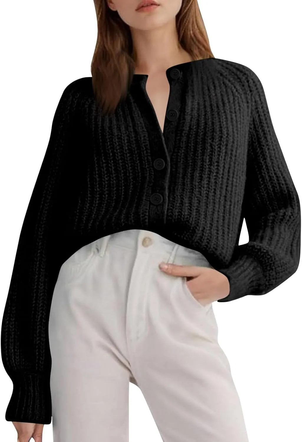 Womens Cardigan Sweaters Long Sleeve Button Chunky Knit Sweater Fall Crew Neck Loose Fit Open Front Cardigan