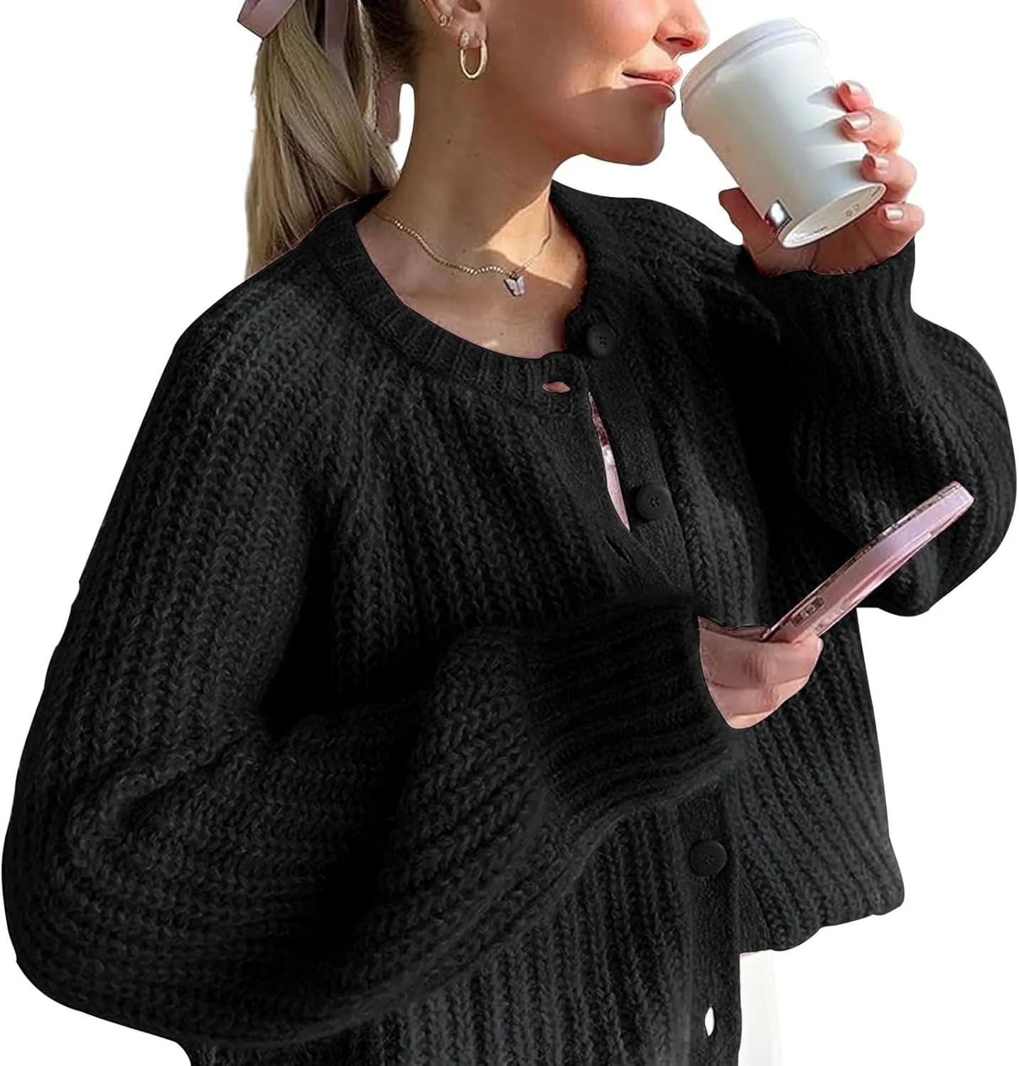 Womens Cardigan Sweaters Long Sleeve Button Chunky Knit Sweater Fall Crew Neck Loose Fit Open Front Cardigan