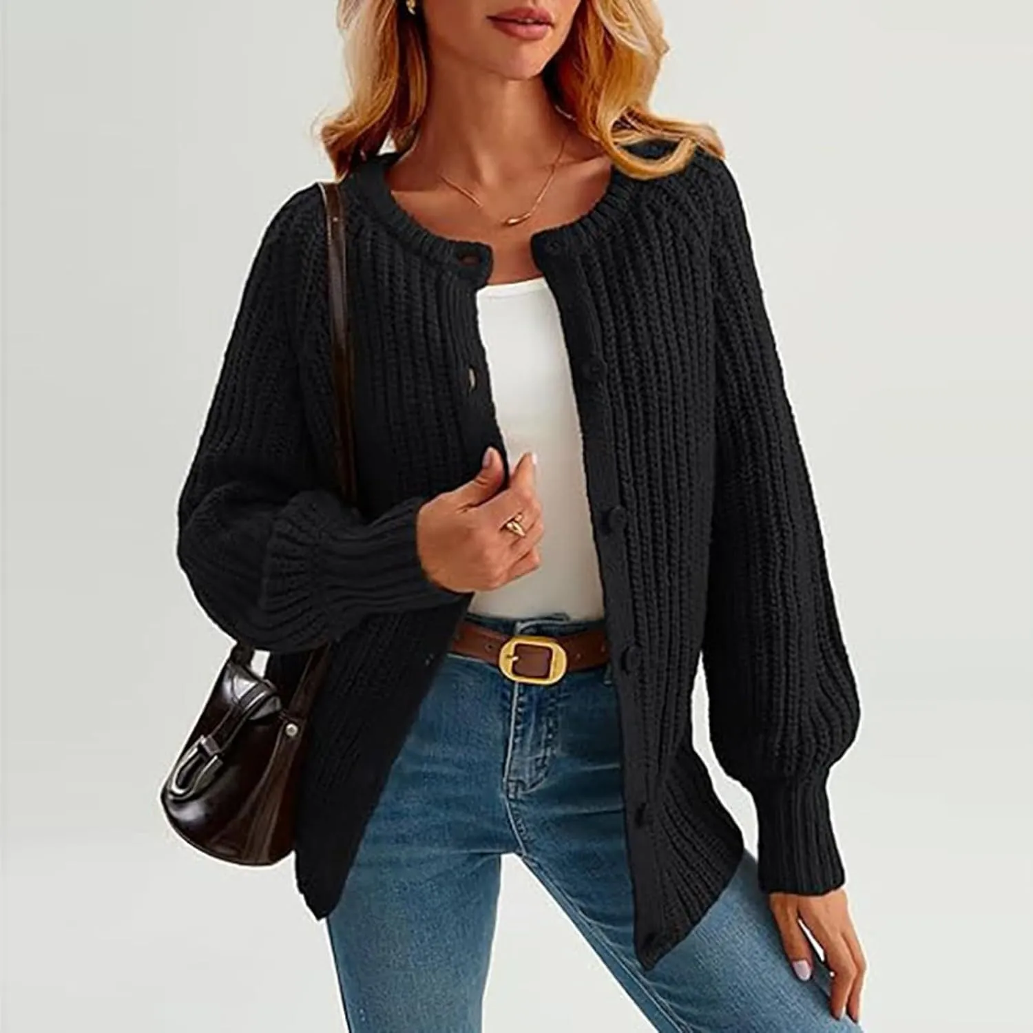 Womens Cardigan Sweaters Long Sleeve Button Chunky Knit Sweater Fall Crew Neck Loose Fit Open Front Cardigan