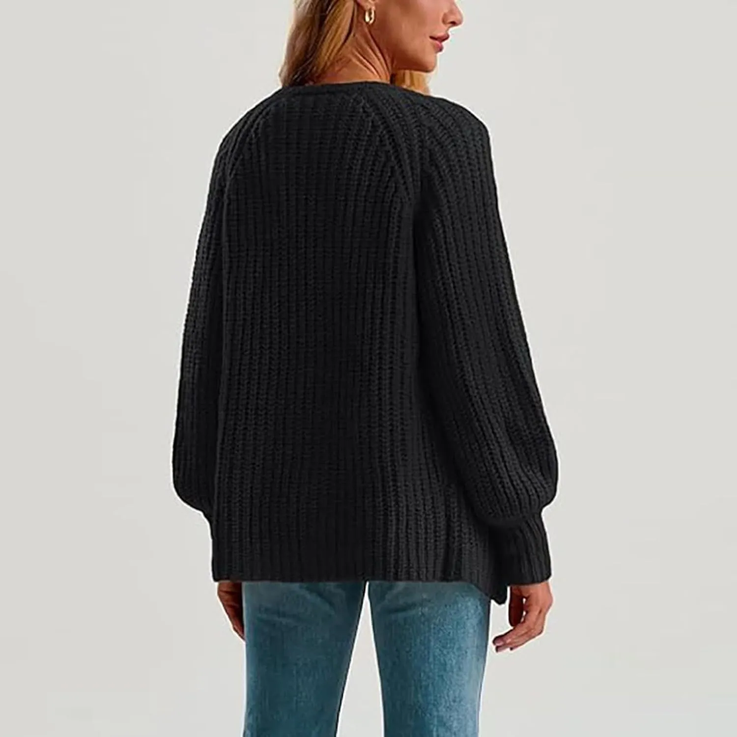 Womens Cardigan Sweaters Long Sleeve Button Chunky Knit Sweater Fall Crew Neck Loose Fit Open Front Cardigan