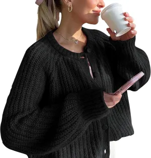 Womens Cardigan Sweaters Long Sleeve Button Chunky Knit Sweater Fall Crew Neck Loose Fit Open Front Cardigan