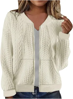 Women's Cardigan Zip Up Cable Knit Long Sleeve Trendy Y2K Sweater Jacket Crewneck Casual Teen Girls Coat 2024 Fall