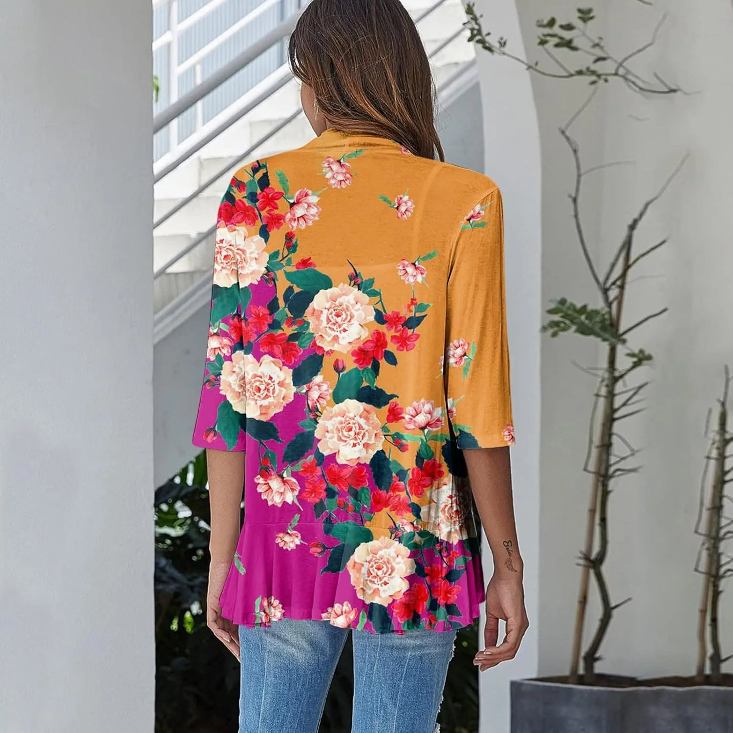 Women's Cardigans 2024 Fall Tie Dye Funny Tops Loose Fit Shawl Collar T Shirts 3/4 Sleeve Lightweight Blouse Coat