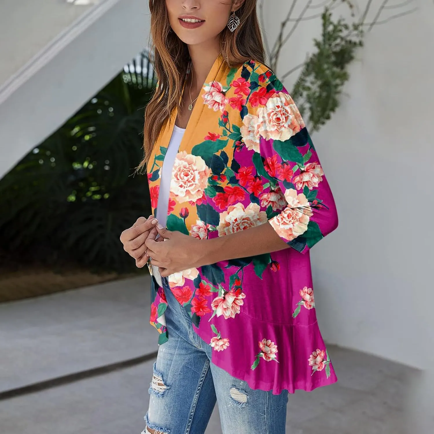 Women's Cardigans 2024 Fall Tie Dye Funny Tops Loose Fit Shawl Collar T Shirts 3/4 Sleeve Lightweight Blouse Coat