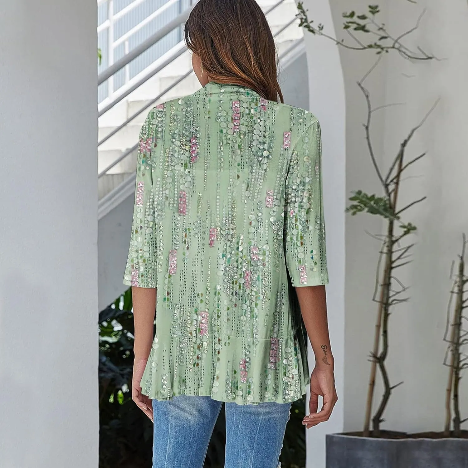 Women's Cardigans 2024 Fall Tie Dye Funny Tops Loose Fit Shawl Collar T Shirts 3/4 Sleeve Lightweight Blouse Coat