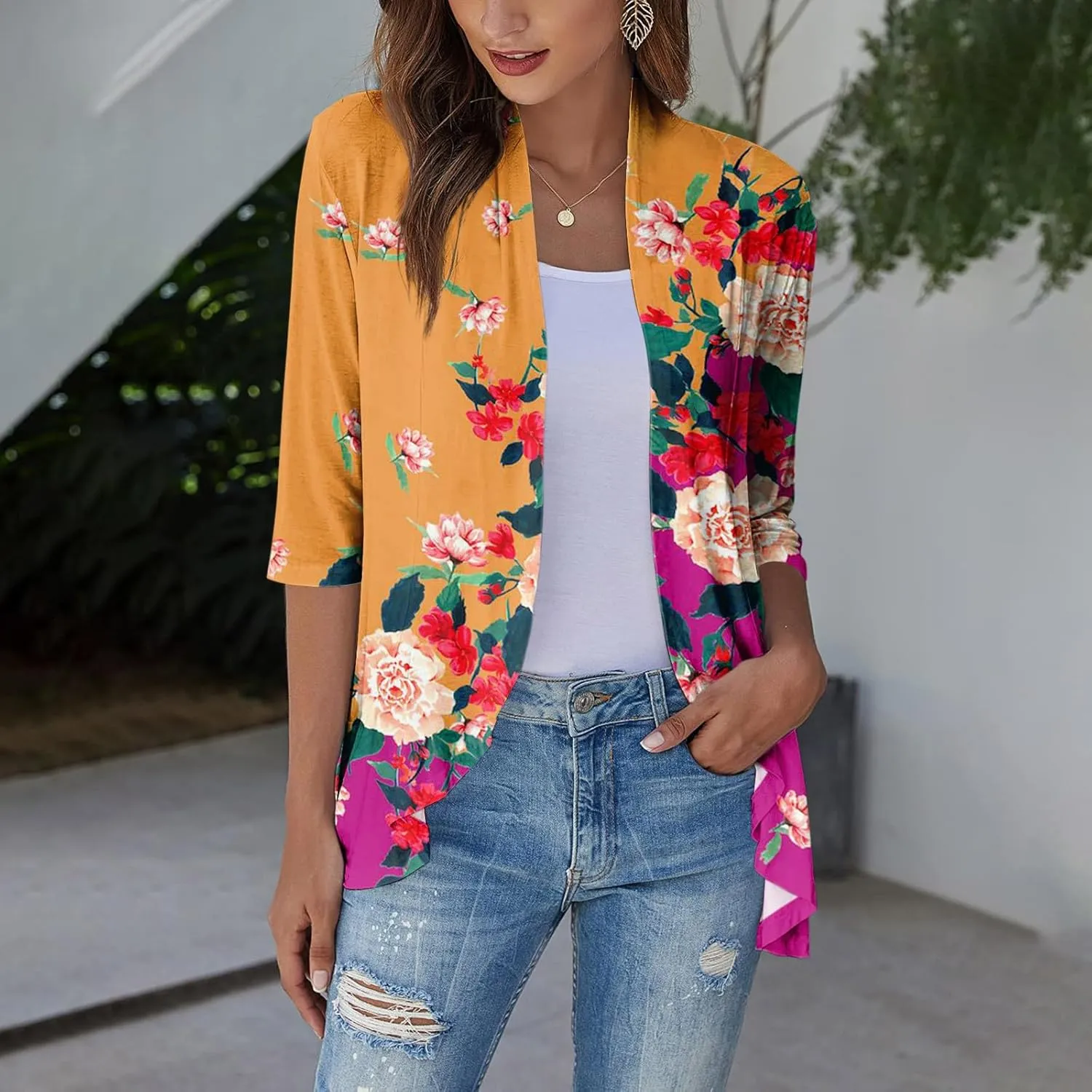 Women's Cardigans 2024 Fall Tie Dye Funny Tops Loose Fit Shawl Collar T Shirts 3/4 Sleeve Lightweight Blouse Coat