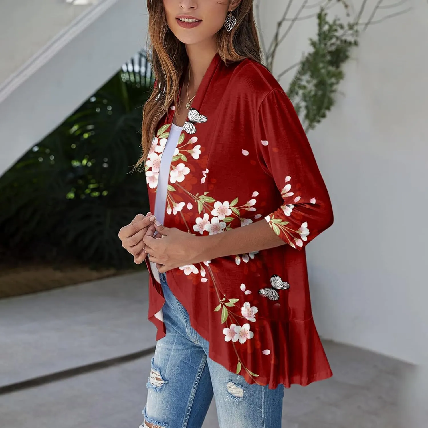 Women's Cardigans 2024 Fall Tie Dye Funny Tops Loose Fit Shawl Collar T Shirts 3/4 Sleeve Lightweight Blouse Coat