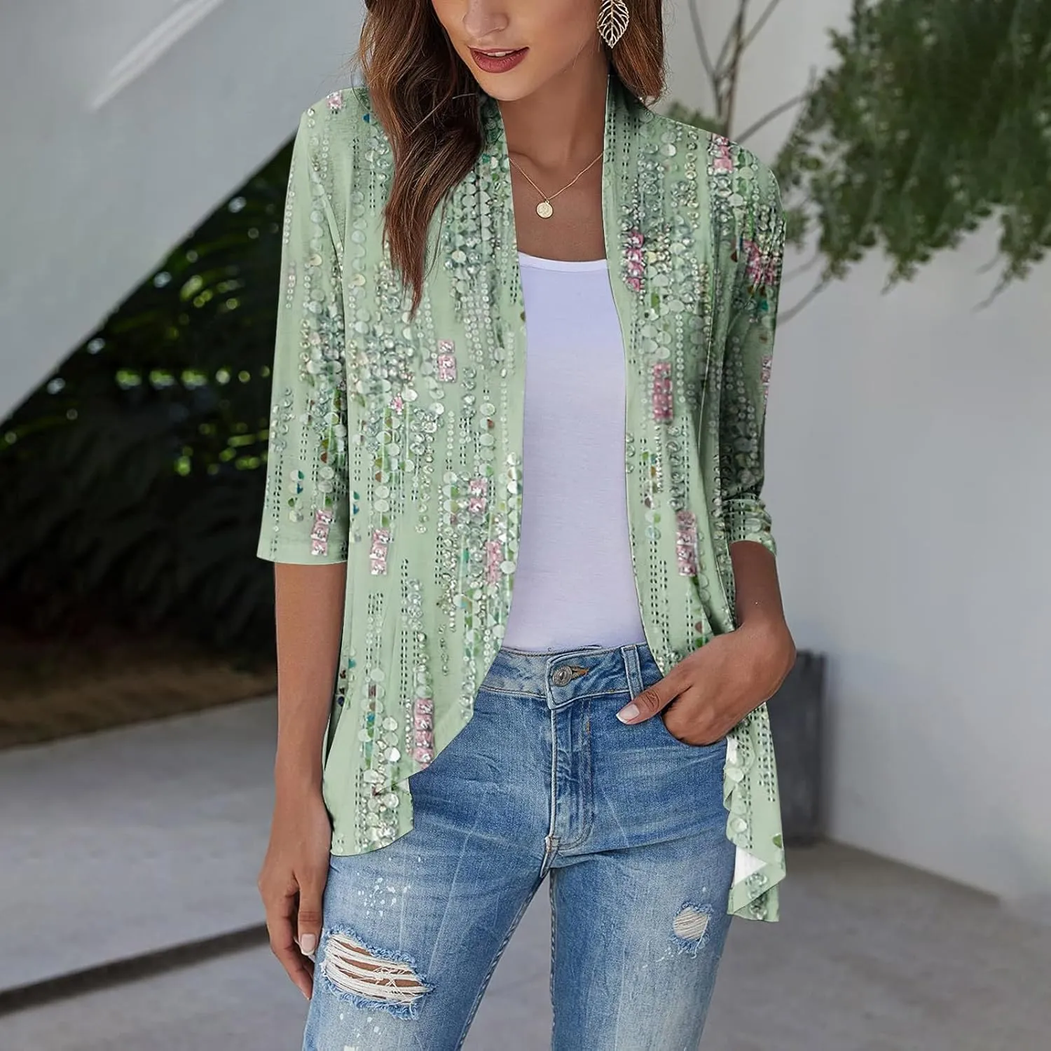 Women's Cardigans 2024 Fall Tie Dye Funny Tops Loose Fit Shawl Collar T Shirts 3/4 Sleeve Lightweight Blouse Coat