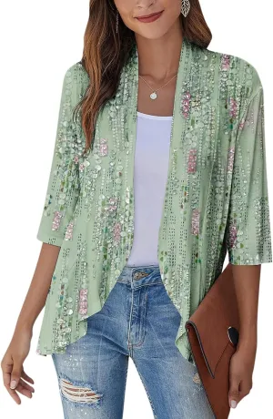 Women's Cardigans 2024 Fall Tie Dye Funny Tops Loose Fit Shawl Collar T Shirts 3/4 Sleeve Lightweight Blouse Coat