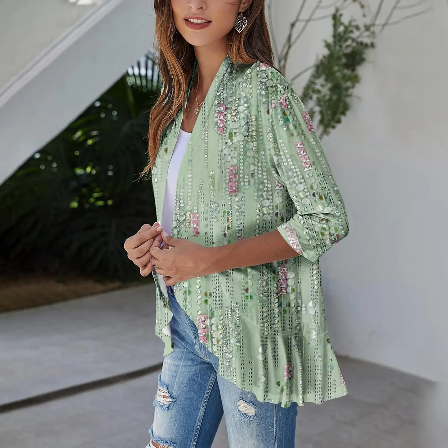 Women's Cardigans 2024 Fall Tie Dye Funny Tops Loose Fit Shawl Collar T Shirts 3/4 Sleeve Lightweight Blouse Coat