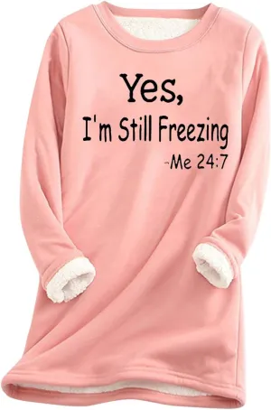 Women's Casual Crewneck Sweatshirts Winter Fleece Warm Letter Print Pullover Tops Thick Long Sleeve Lightweight Clothes