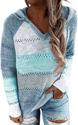 Womens Casual Hoodies Striped Color Block Sweatshirt Fall Sweater Long Sleeves Knit Tops