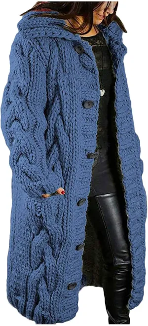 Women's Chunky Cable Knit Hooded Long Cardigans Button Down Solid Color Heavy Sweater Jackets with Pockets Outerwear