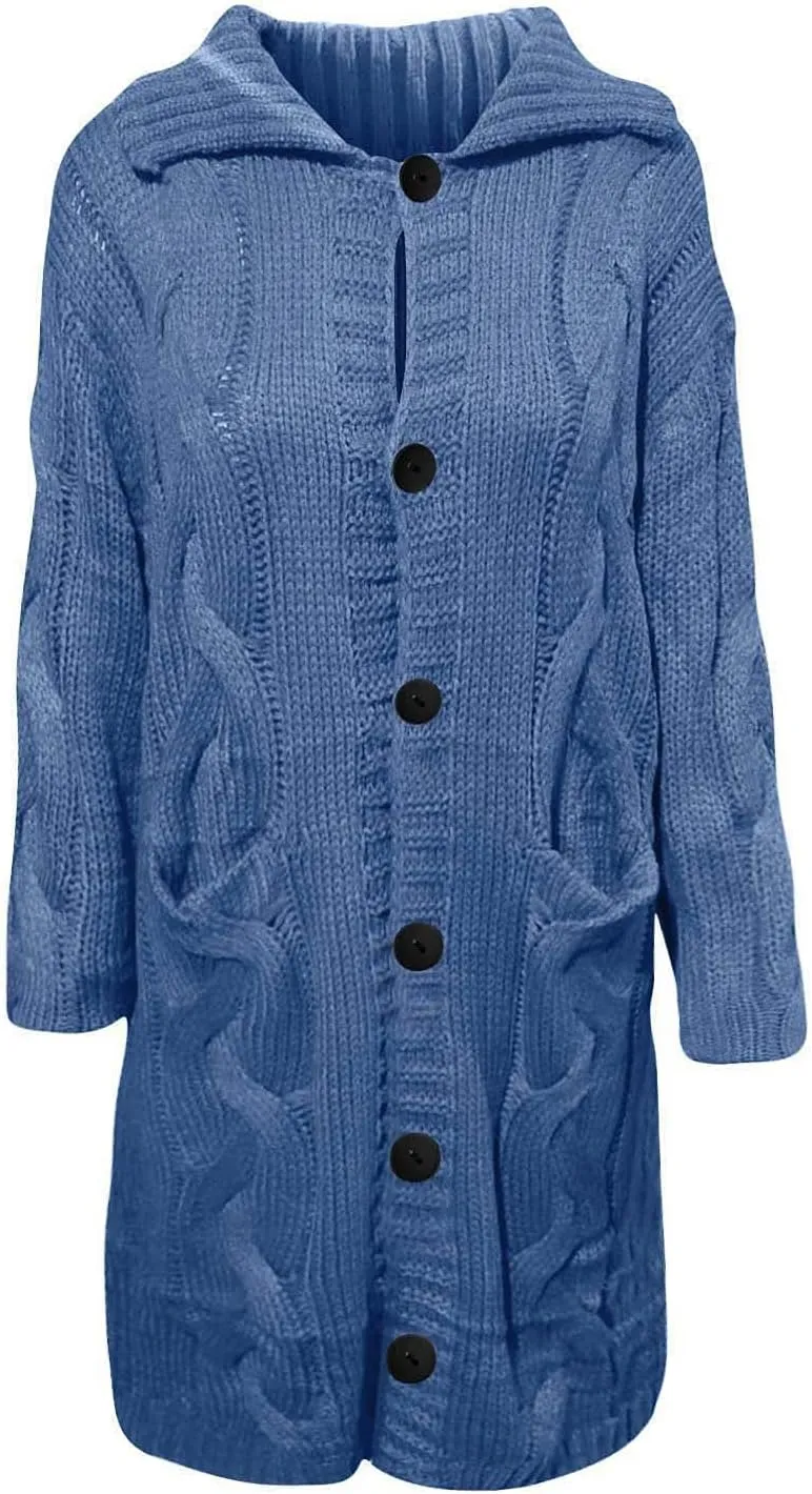 Women's Chunky Cable Knit Hooded Long Cardigans Button Down Solid Color Heavy Sweater Jackets with Pockets Outerwear