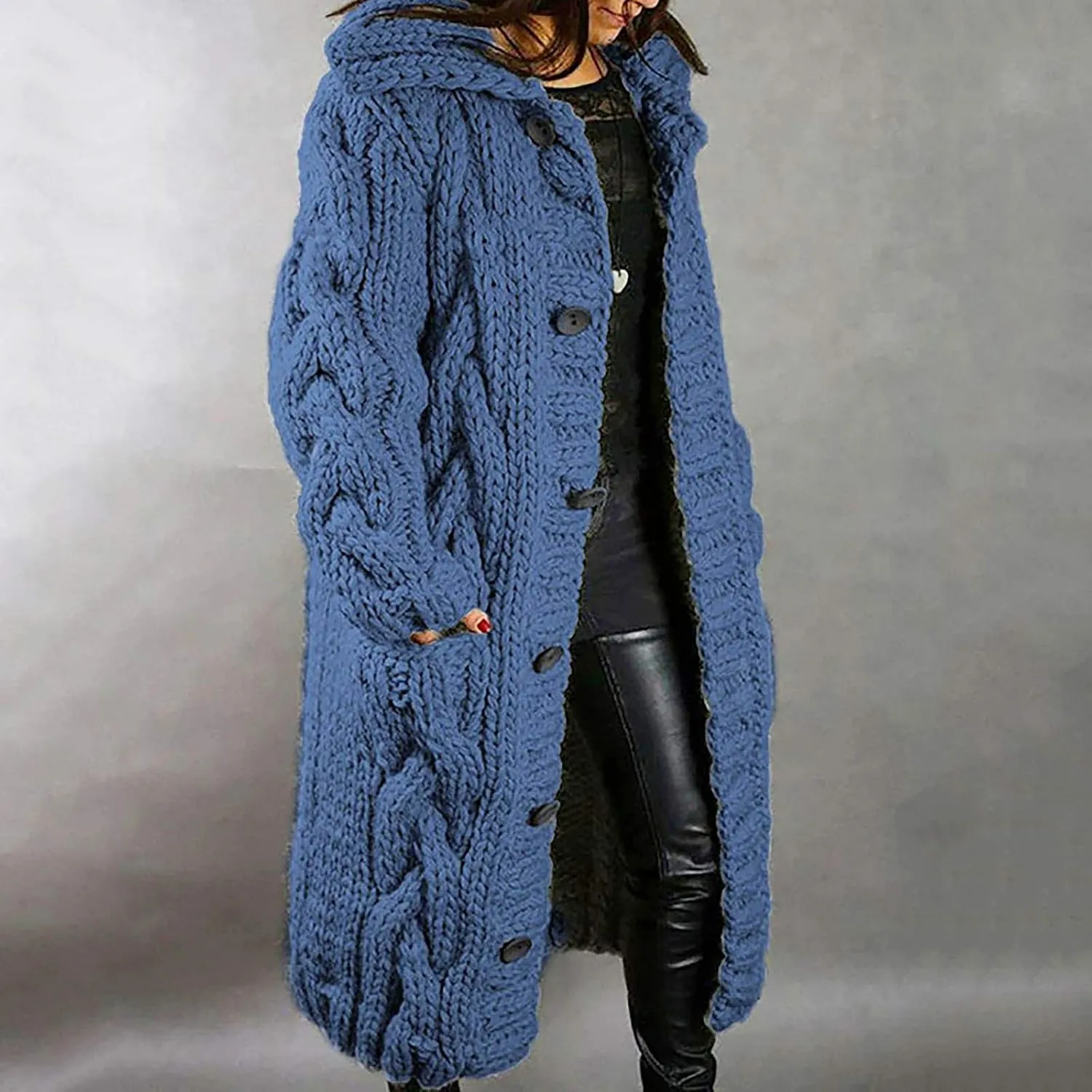 Women's Chunky Cable Knit Hooded Long Cardigans Button Down Solid Color Heavy Sweater Jackets with Pockets Outerwear
